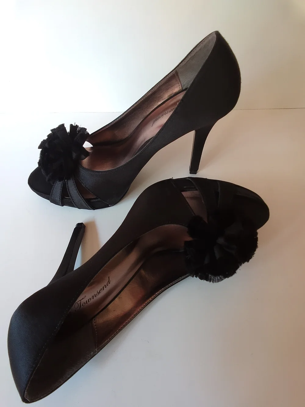 Lulu Townsend Black Peep-Toe Heels with Fabric Flower